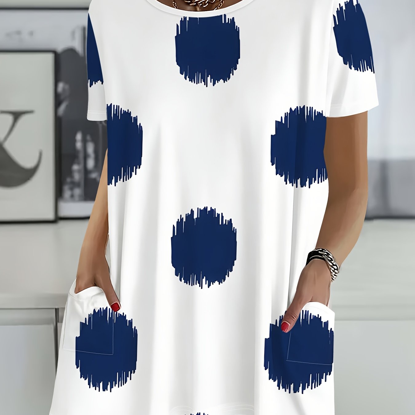 TEMU White Polka Dot Short Sleeve Loose , Women's Summer Casual T-shirt, Large Polka Dot Fashion Cover-up