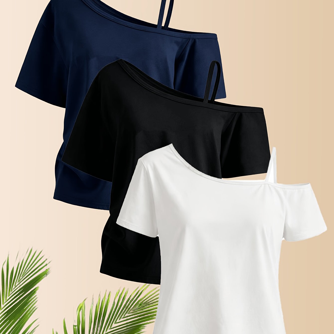 TEMU Three-pack Women's Off-shoulder Spaghetti Strap T-shirts, Short-sleeve Fashion Tops, Machine Washable, For Spring/summer Daily Wear, Women's