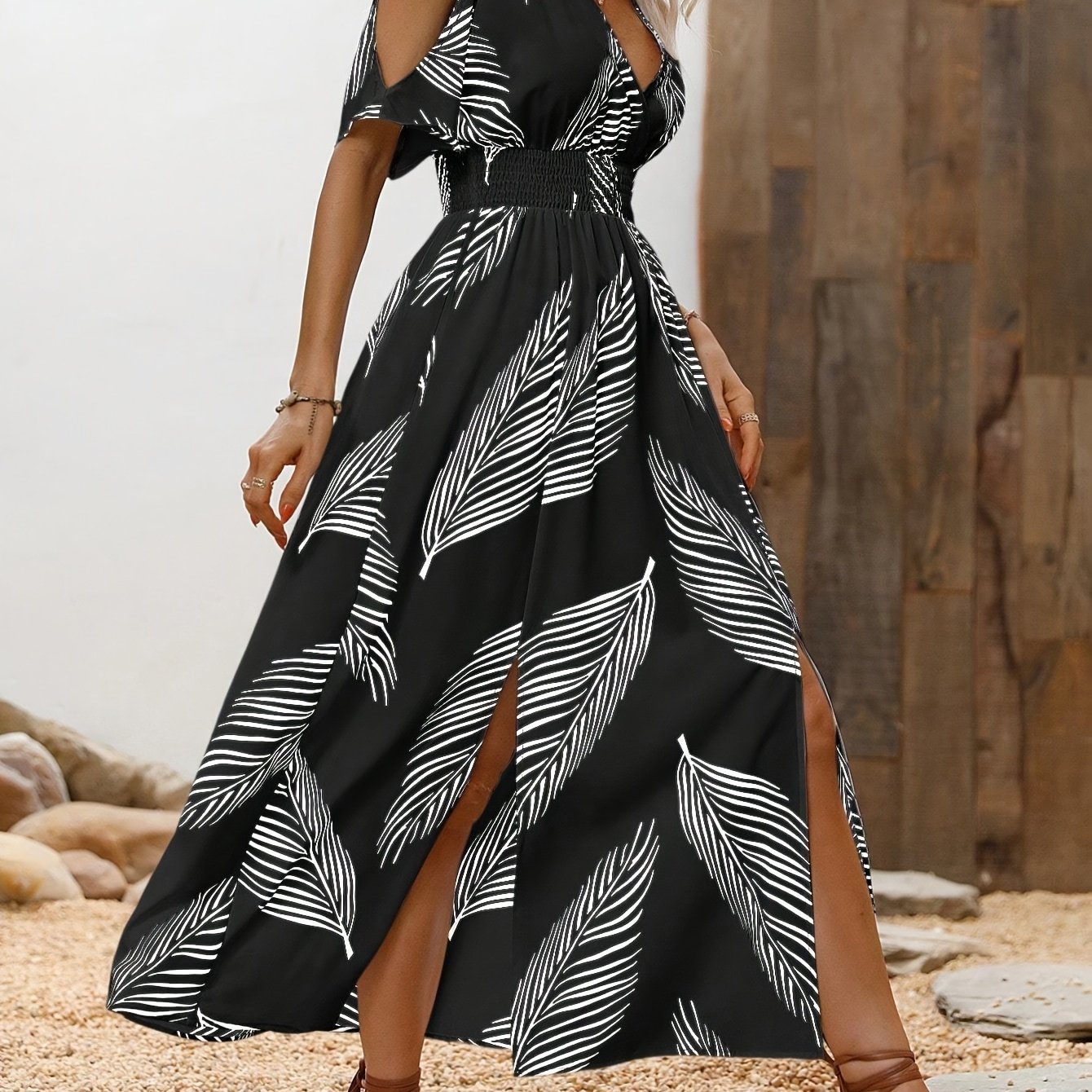 Women's Tropical Print Beach Vacation Cold Shoulder Long Dress