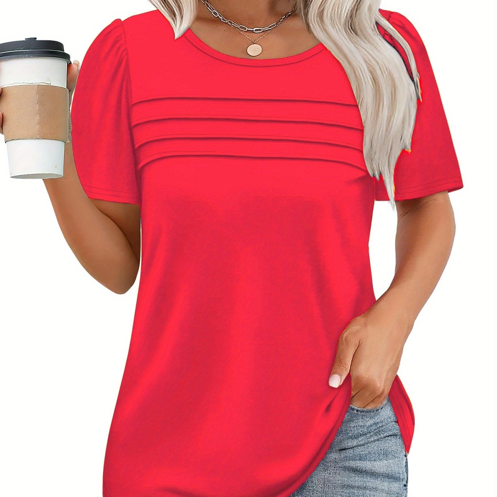 Image of Plus Size - Women's Short Sleeve Top, Summer Casual Wear, Women's Loose T-shirt, Round Neck Blouse