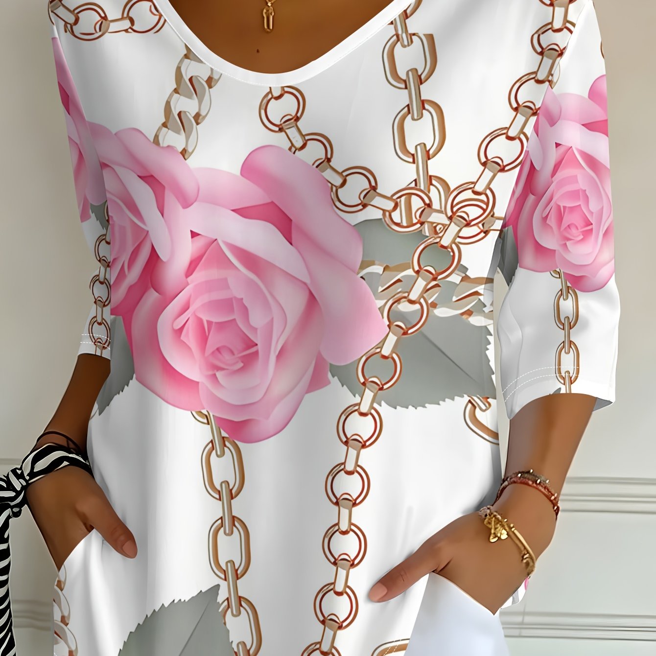 TEMU Casual Fashion European And Women's Pink Floral -quarter Sleeve V-neck T-shirt Top