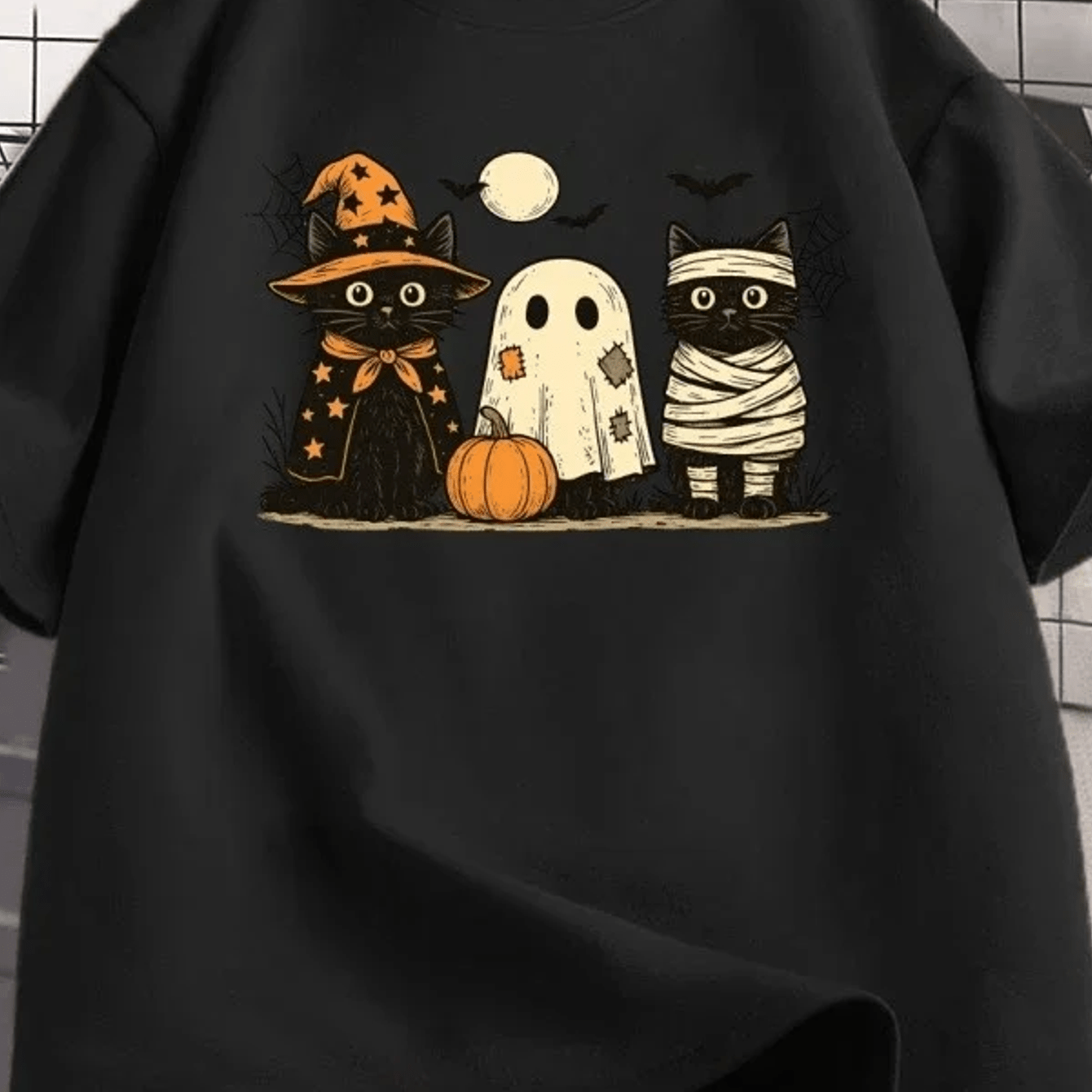 TEMU Plus Size Gothic Black Cat Pumpkin T-shirt - Oversized Loose Fit Short Sleeve Round Neck Suitable For Halloween Spooky Season, Fall Casual Wear,