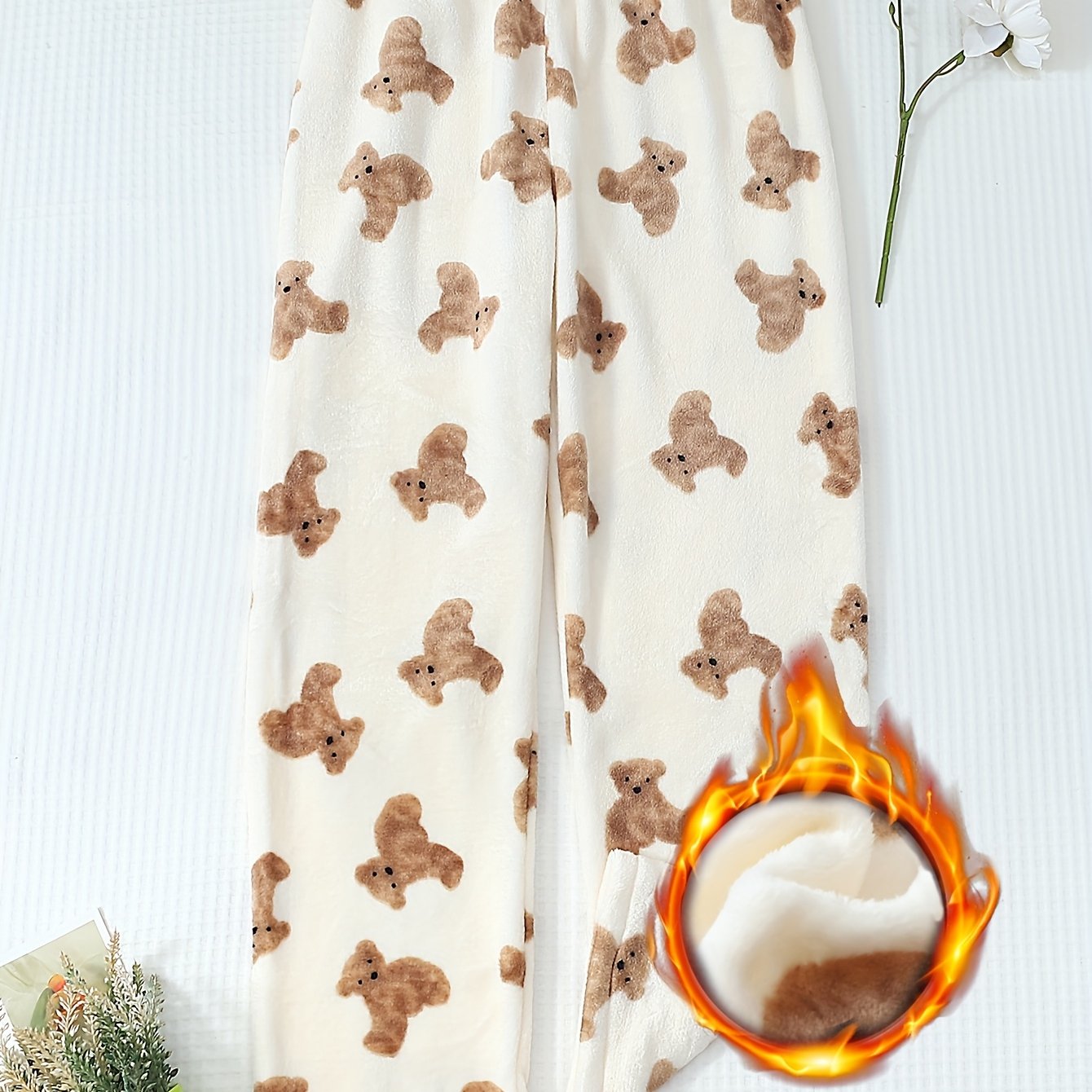 1 Autumn-winter Women's Cute Apricot Ragdoll Bear Print Soft Comfortable Flannel Pajama Bottom