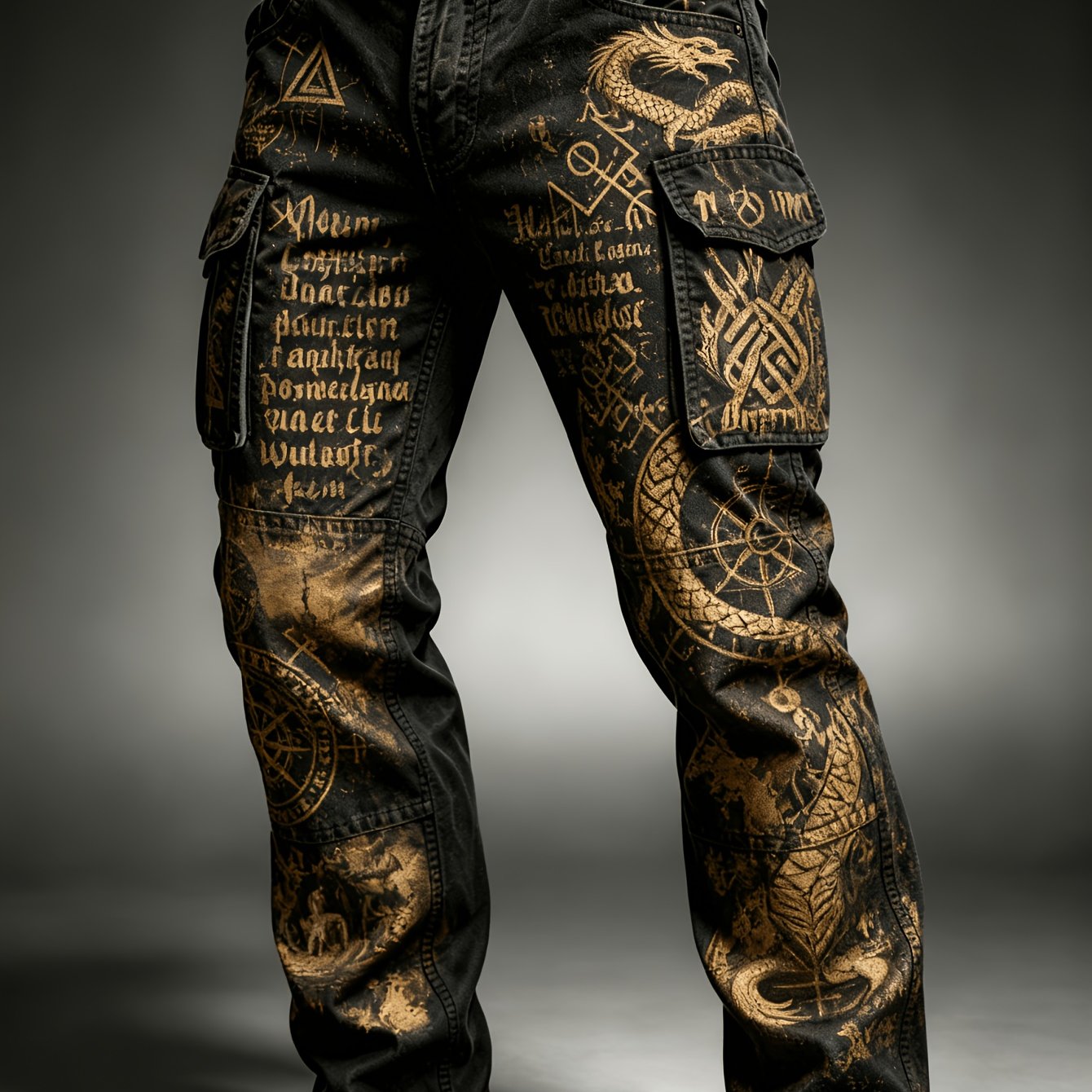 Image of Men's Plus Size Graphic Printed Pants, Loose Wide Leg Multi-pocket Casual Work Trousers, Halloween Streetwear