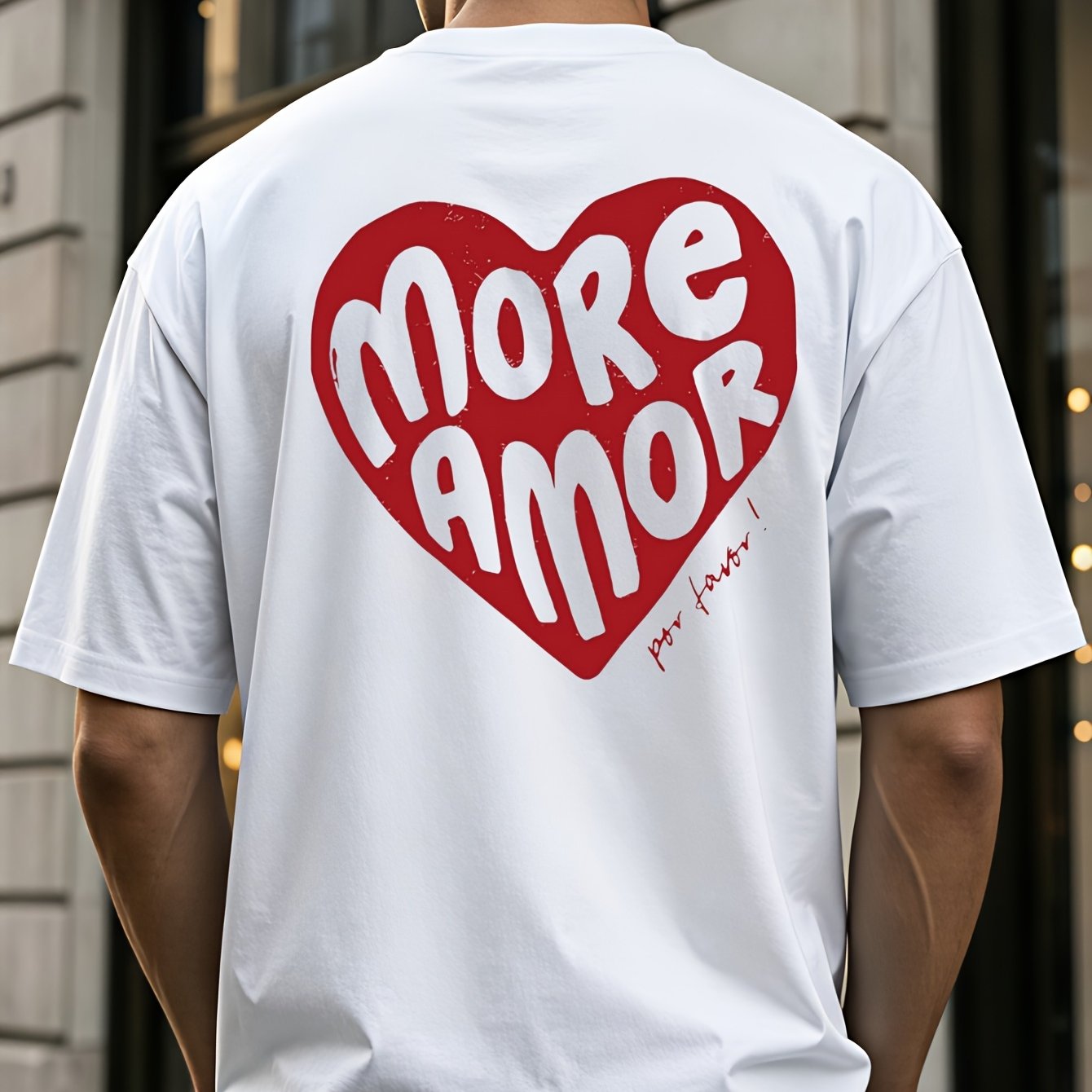 Image of Spanish Romantic Heart Graphic T-shirt For Men Single Color White Crew Neck Short Sleeve Casual Lightweight Leisure Top T-shirt With Back Printed Design