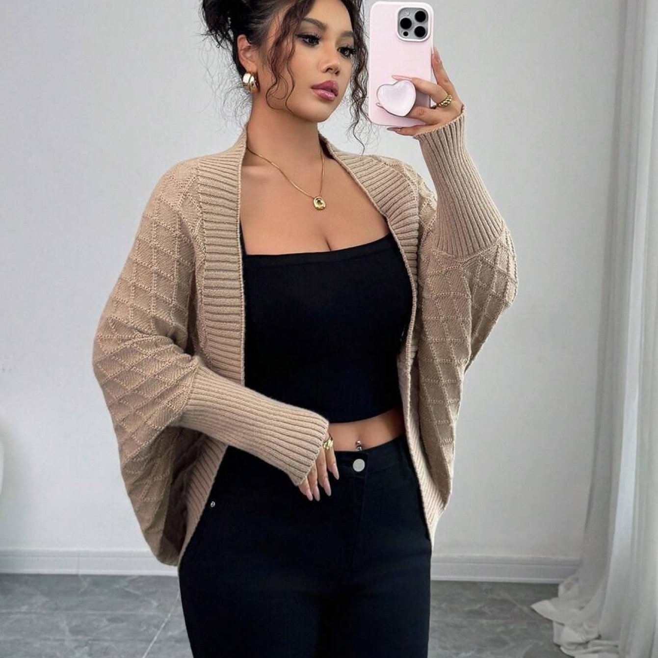 TEMU Women's Cardigan: Casual With Batwing Sleeves Mid-length Jumper, Versatile And Sophisticated Knitwear
