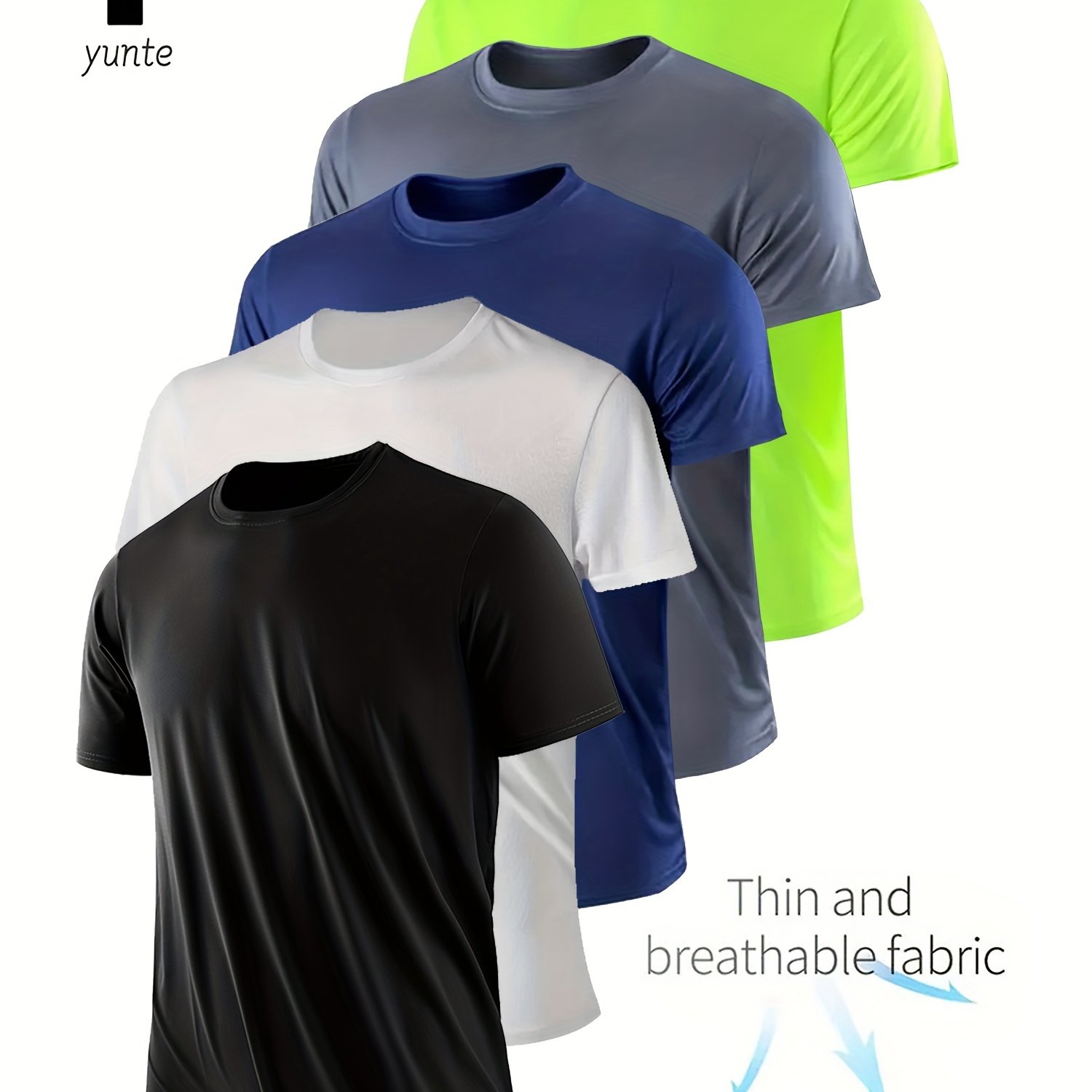 TEMU 5pcs Mixed Black, White, Gray, Navy, And Fluorescent Green Men's Crewneck T-shirts - Quick-dry, Breathable, Moisture-wicking Shirts For Fitness,