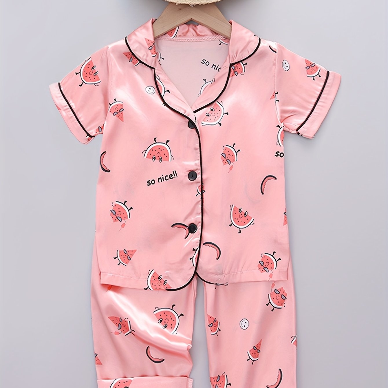 Image of New Summer Pajamas Set For Girls Featuring A Cartoon Watermelon Design With Short Sleeves And Long Pants, Perfect For