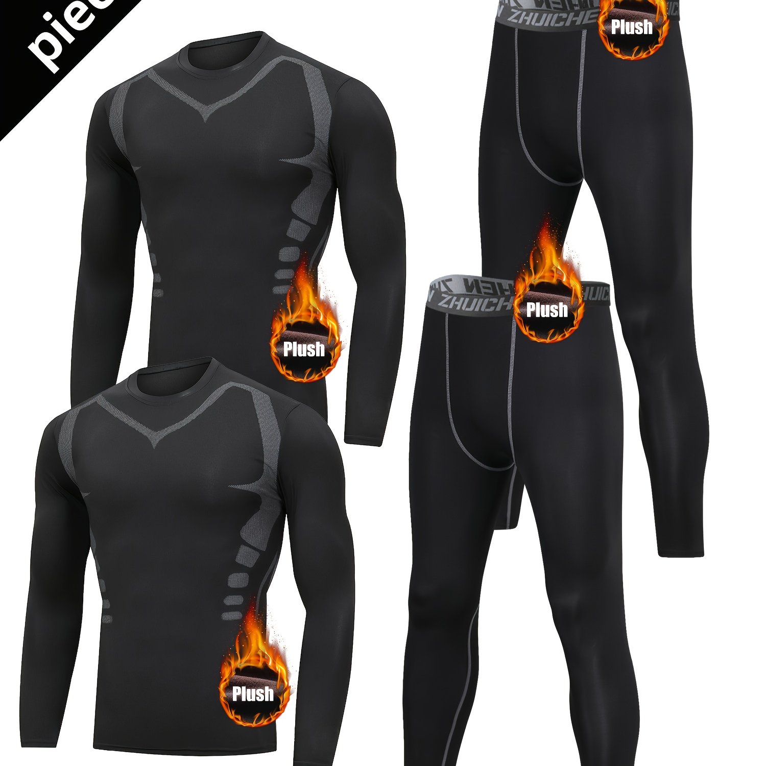 Image of 4pcs Fleece-lined Sports Tracksuit Set For Men: Autumn And Winter Warm Workout Gear, Running Clothes For Morning Jogging And Night Training