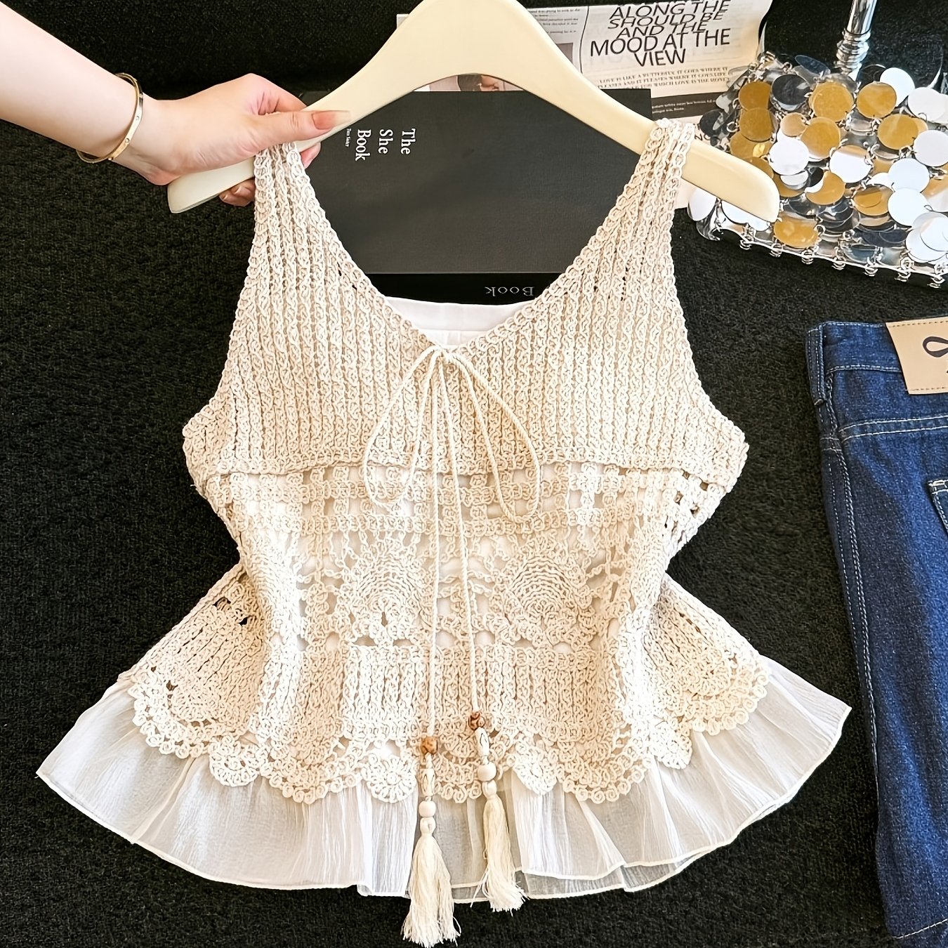 TEMU 【商品名】中空クロシェ編み 花柄 パッチワーク ノースリーブ エスニックスタイル トップス ショート着用可能 ベスト
