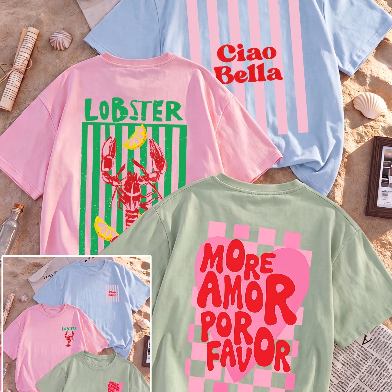 TEMU Ensemble de 3 T-shirts à manches courtes pour femmes, style millénaire, et imprimé, motif rétro rayé citron, Bella, imprimé à carreaux de cœur,