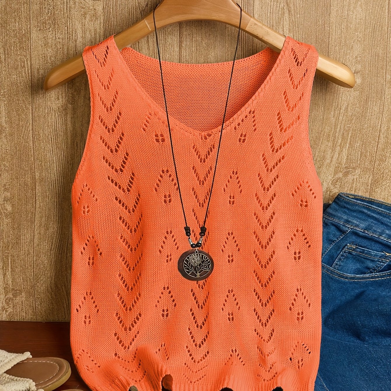 E-shop Unverzichtbares Damen-Tanktop für den Strandurlaub, einfarbiges, durchbrochenes, ärmelloses Top, leicht atmungsaktiv, vielseitige Oberbekleidung
