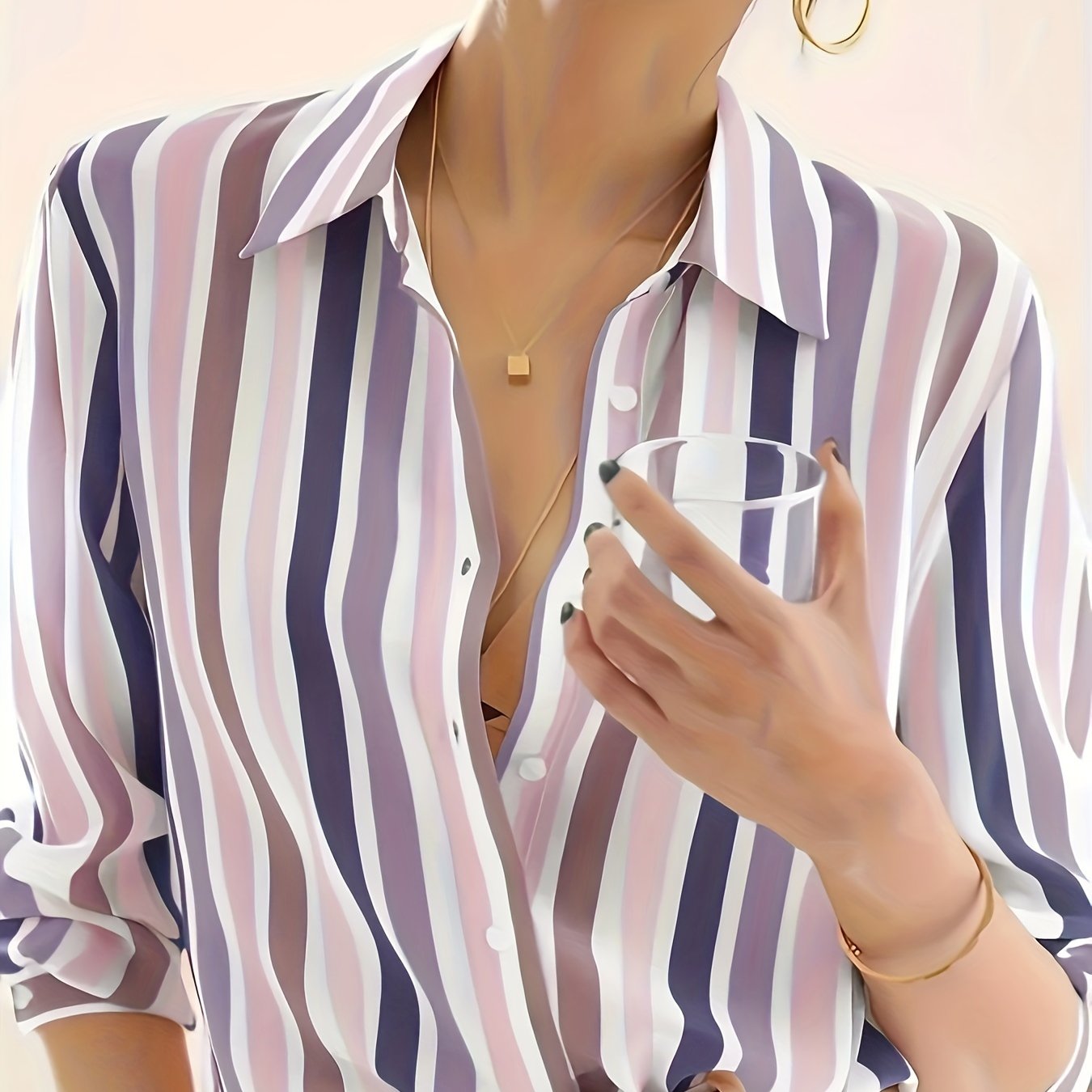 TEMU Striped Print Button Up Shirt, Elegant Long Sleeve Collared Shirt For Spring & Fall, Women's Clothing