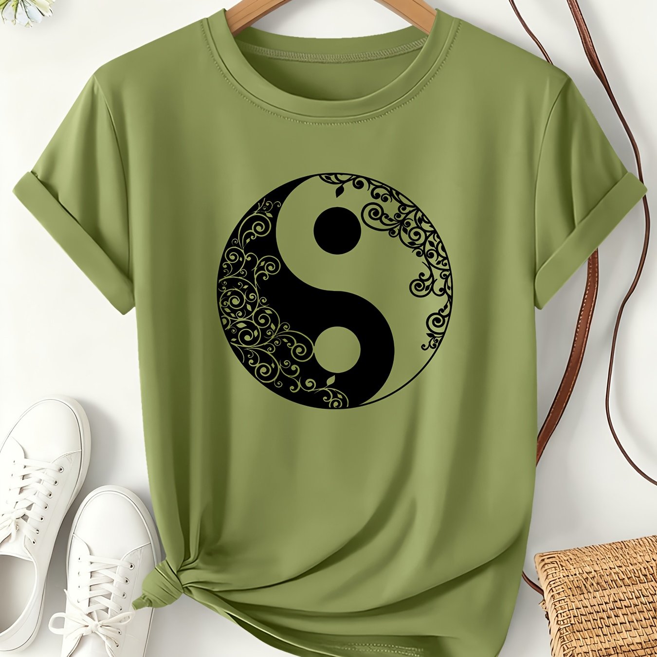 TEMU Women's Tai Chi Pattern Print T-shirt, 2026 Spring/summer Zen Style Short Sleeve, Daily Literary And Artistic Outfit, Loose , Chinese Style