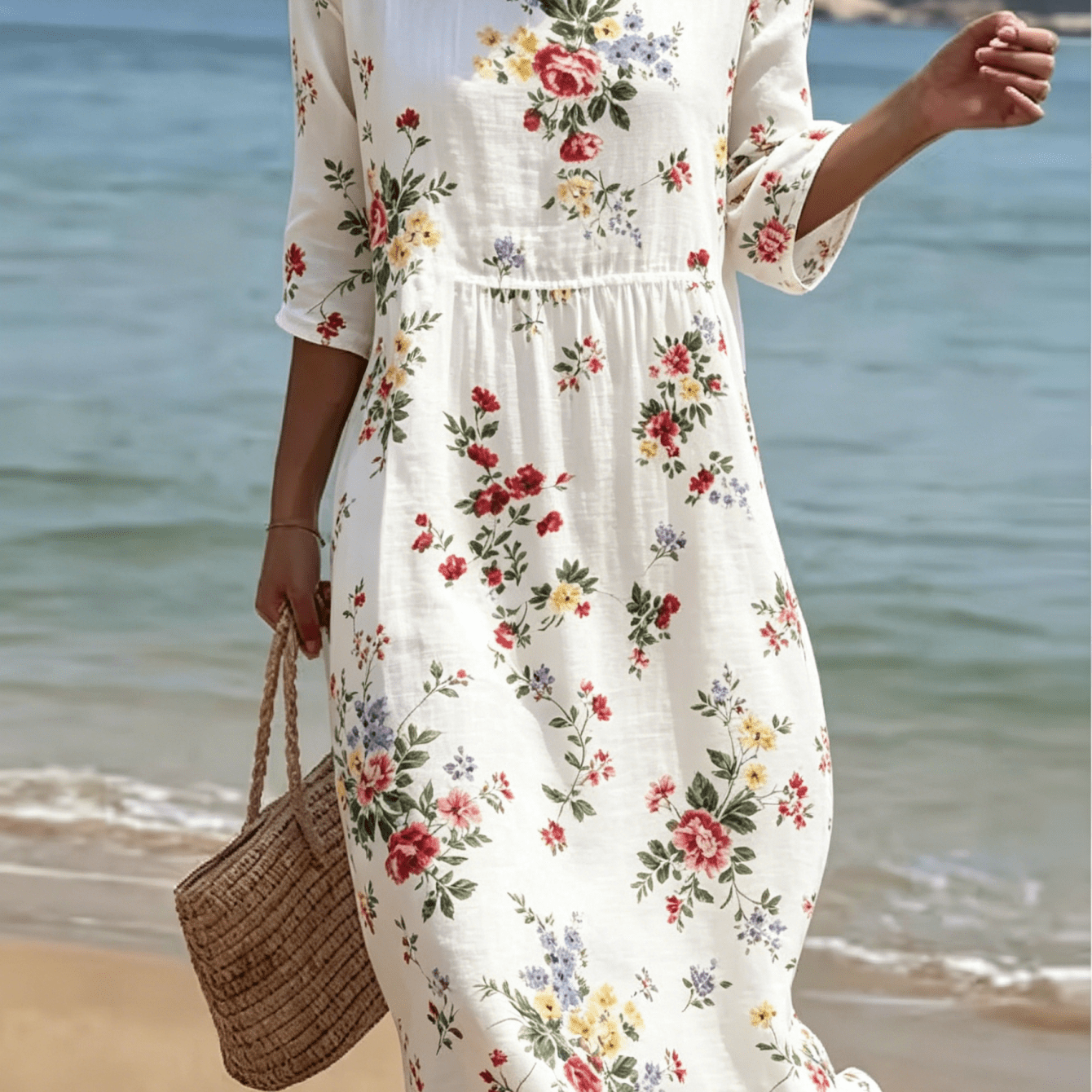 Image of Vintage Colorful Mixed Rose Floral Printed Women Loose Casual Midi Sundress, Half Sleeve Round Neck High Waist Ruched Beach Vacation Dress, Light Breathable All Match Bohemian Summer Dress