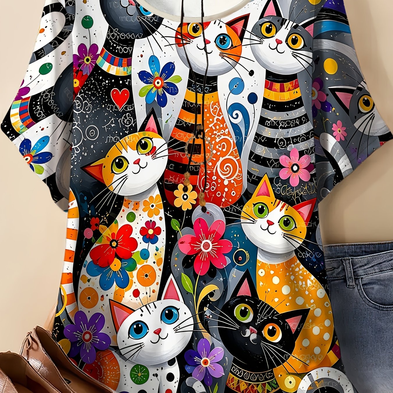 TEMU Summer Plus Size Women's Round Neck Short Sleeve T-shirt Creative Cartoon Colorful Cat Floral Print Loose Top