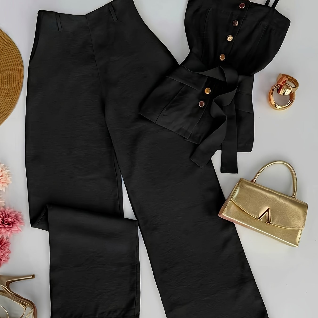 E-shop 2026 Neue Frühjahr/Sommer Damen Einfarbige Träger-Langenhose Set, Valentinstag & Partykleidung, Vielseitiges Casual Strukturiertes 2-Teiliges