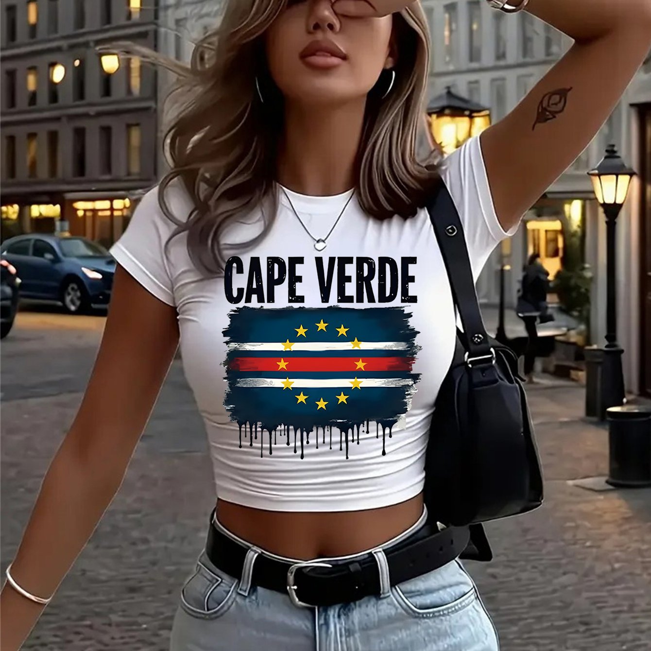 TEMU 1pc (y2k) Cape Verde Flag Retro Nostalgic Style, Star Pattern , Women' Pattern, Casual Short-sleeved Cropped T-shirt, The Perfect Birthday Gift,