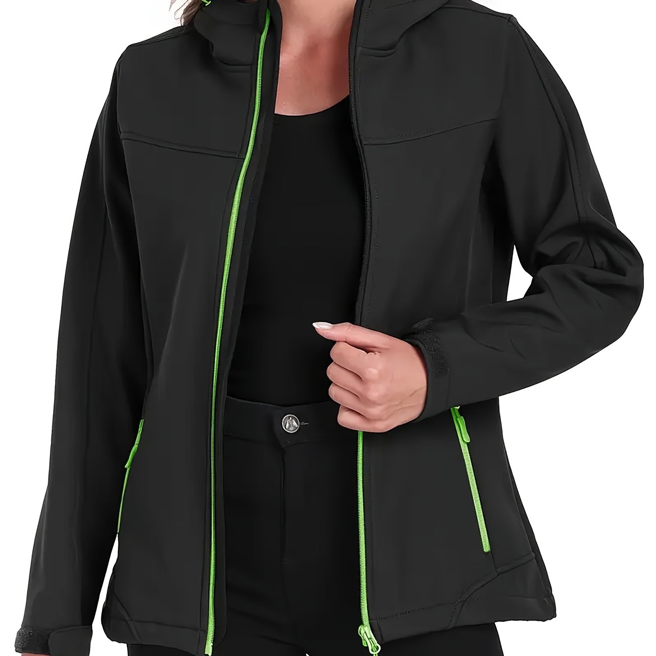 Image of Women's Softshell Jacket, Casual Warm Hooded Windproof Outerwear, Outdoor Hiking Windbreaker, With Adjustable Hood And Drawstring Hem, Suitable For Spring Autumn Winter Wear