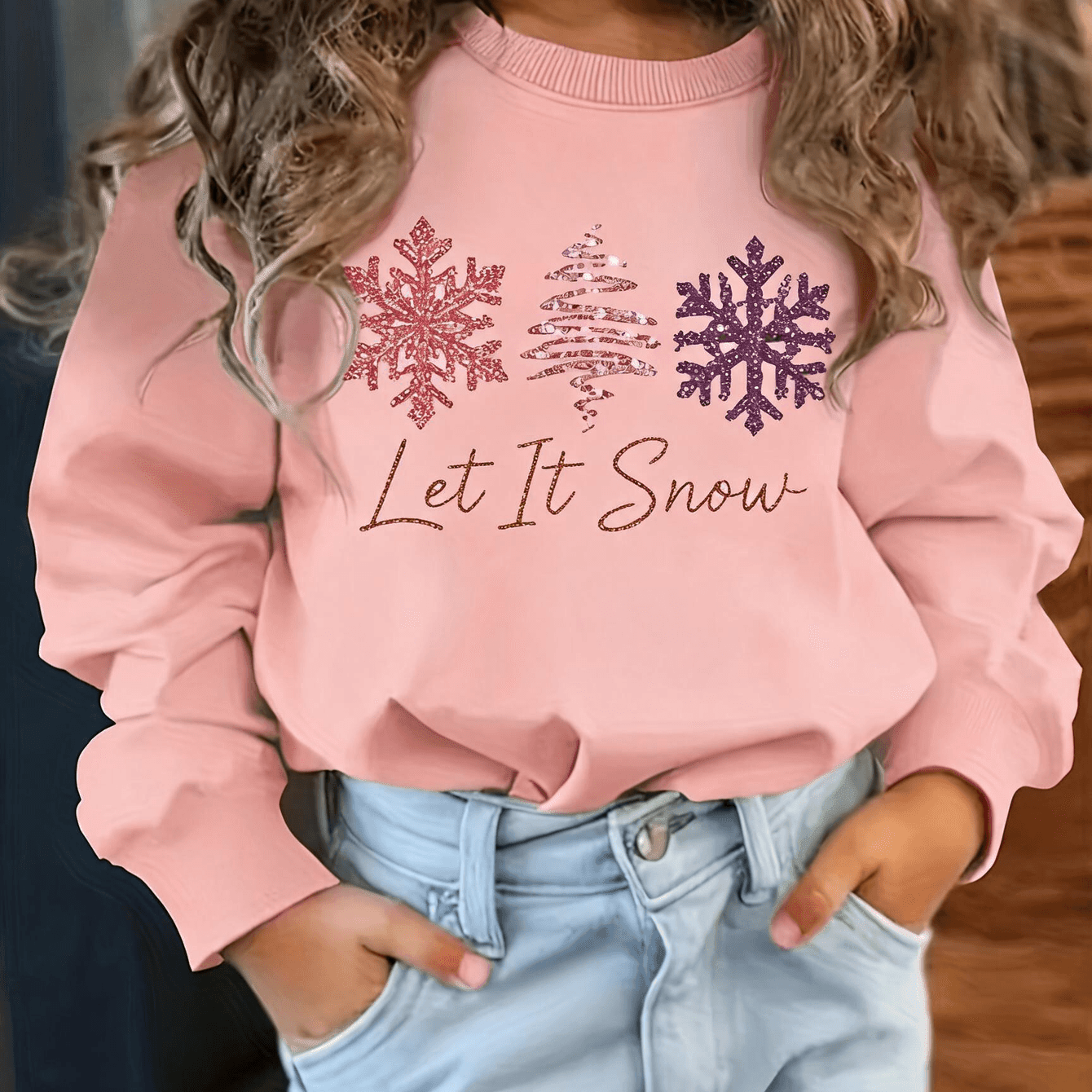 Image of Zcaynger Kids Neck Sweatshirt Snow Snowflake Tree 100% Cotton Thickened Party Gift