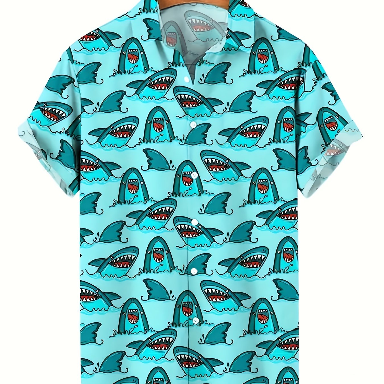 TEMU Camisa hawaiana para hombre, manga corta, 100% poliéster, estampado de tiburón, ropa de playa , ajuste regular, abotonadura simple, cuello con