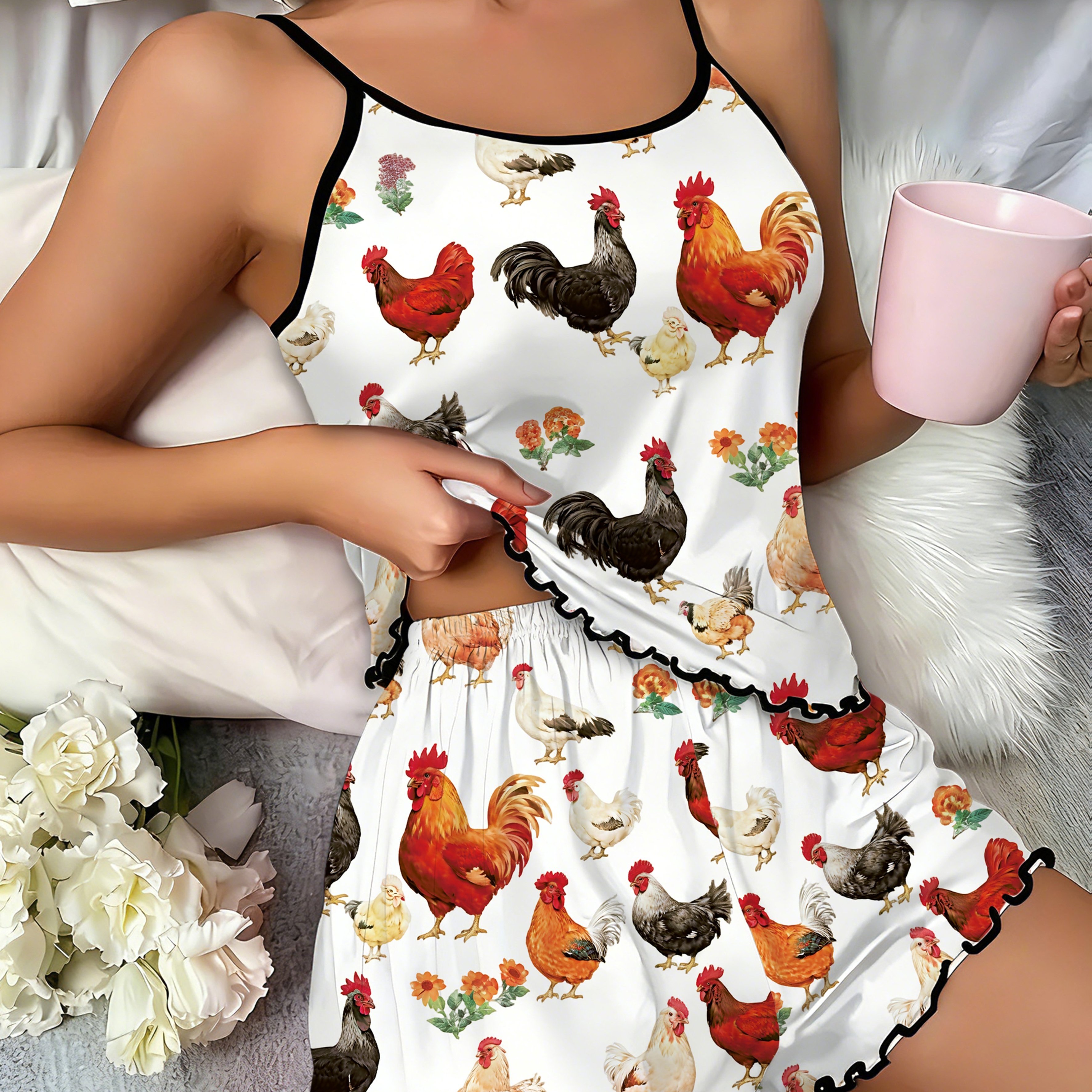 TEMU Thin Strap Round Neck Sleeveless Cami And Hem Shorts, Women's Spring Summer Fall Set, Rooster Floral Print