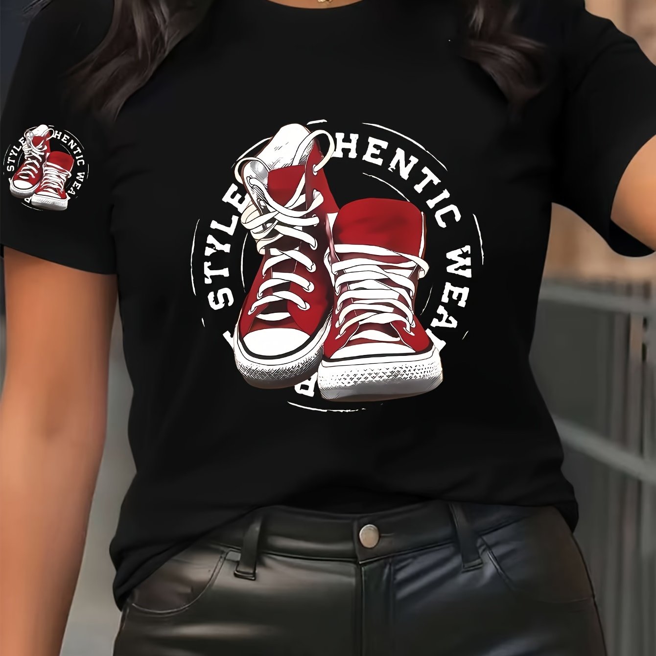 TEMU Artistic Red Shoes With Double Print Pattern - Elegant And Stylish - Women's Round Neck Pullover T-shirt, Casual Sports Short Sleeves In Sizes