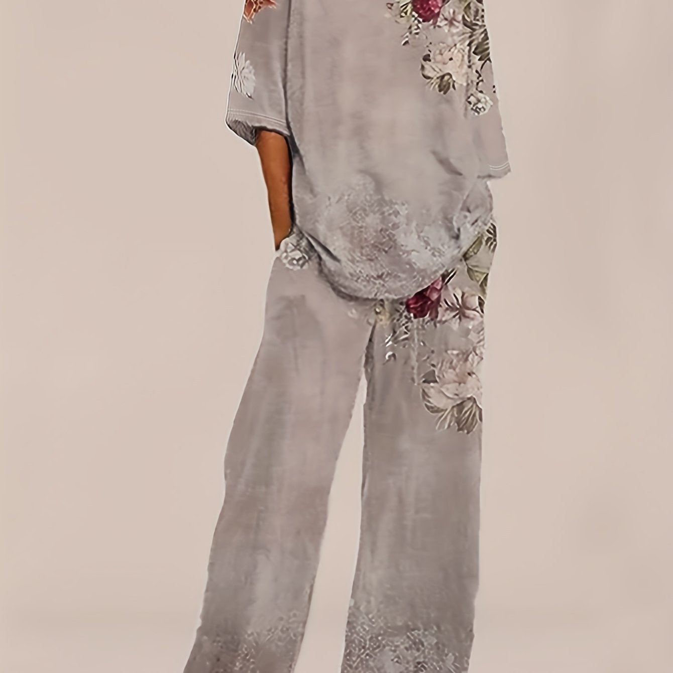 spring and summer womens floral print fashionable loose elastic long pants set   sleeve versatile set directional