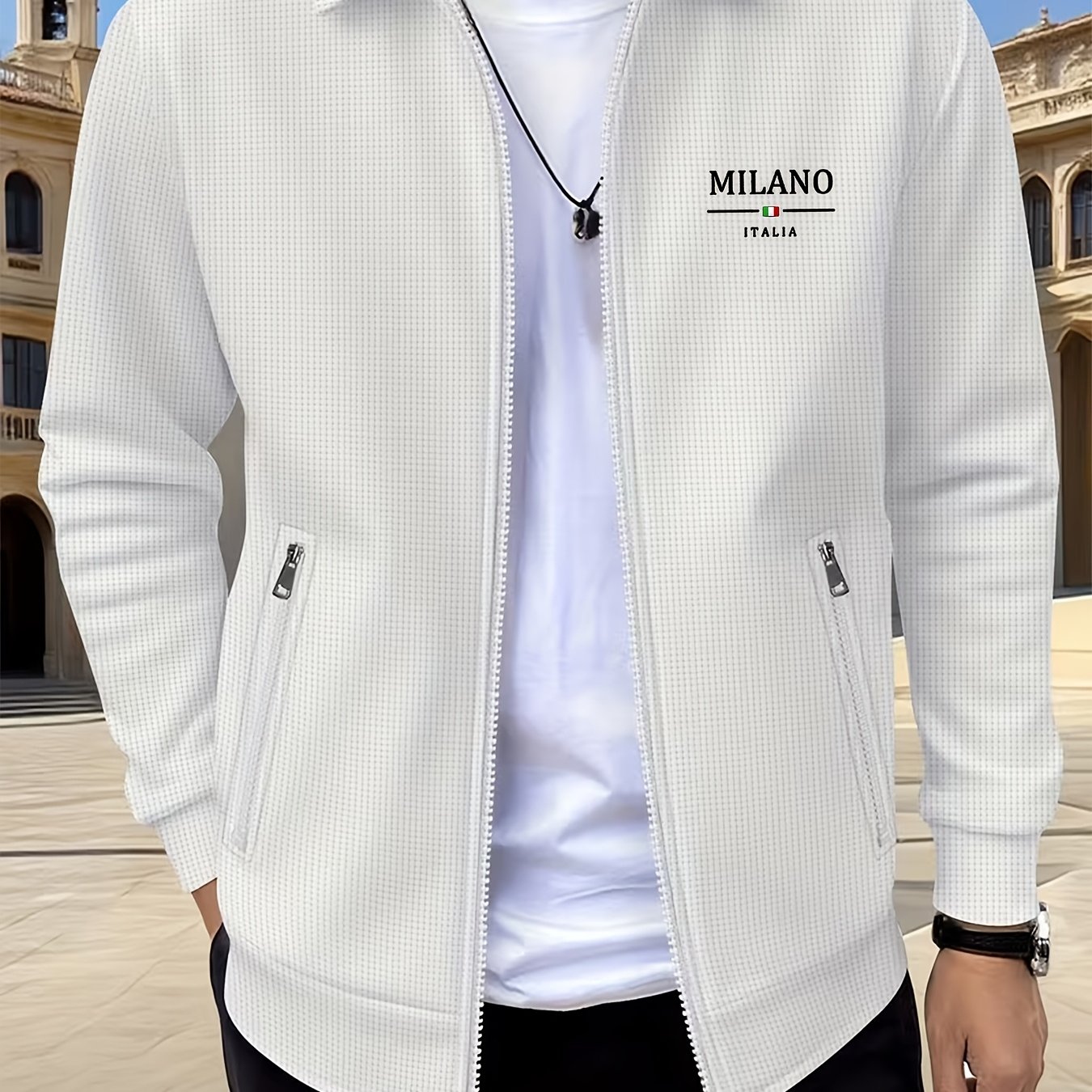 TEMU Nouvelle veste à fermeture éclair à manches longues pour homme OBM, printemps/automne, couleur unie, à revers, en gaufrée, pour sports de ,