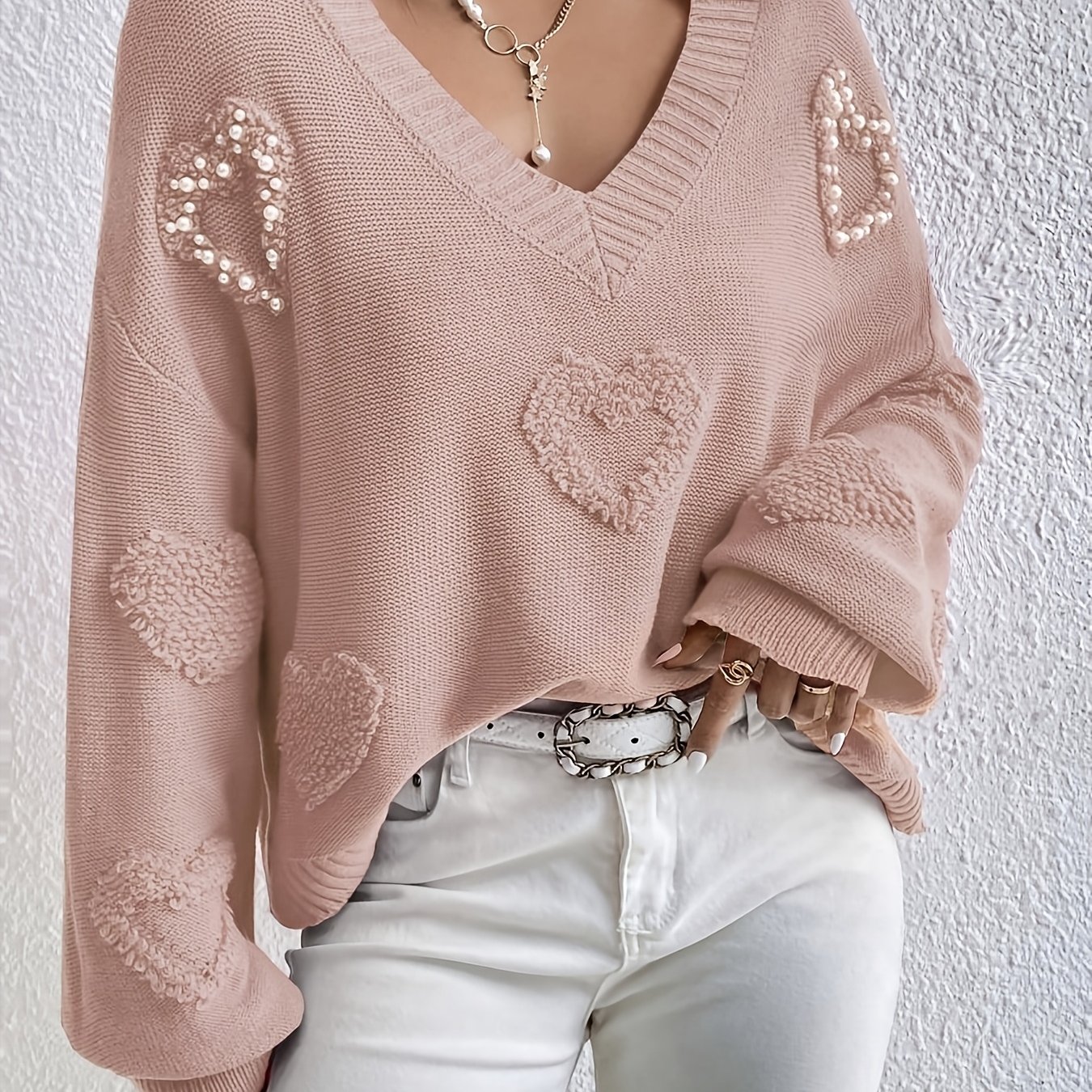 TEMU Pull d'automne élégant français avec cœur et perles, pull ample à manches longues et col en V, confortable et élégant - convivial, vêtements