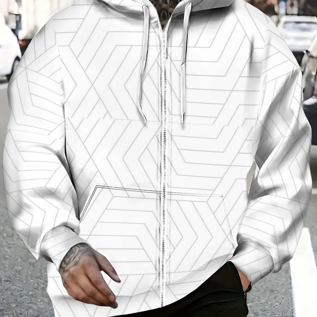 TEMU Men' Geometric Print Hoodie Lightweight Zip-up Sweatshirt For Casual Wear, Outdoor Activities, And Everyday