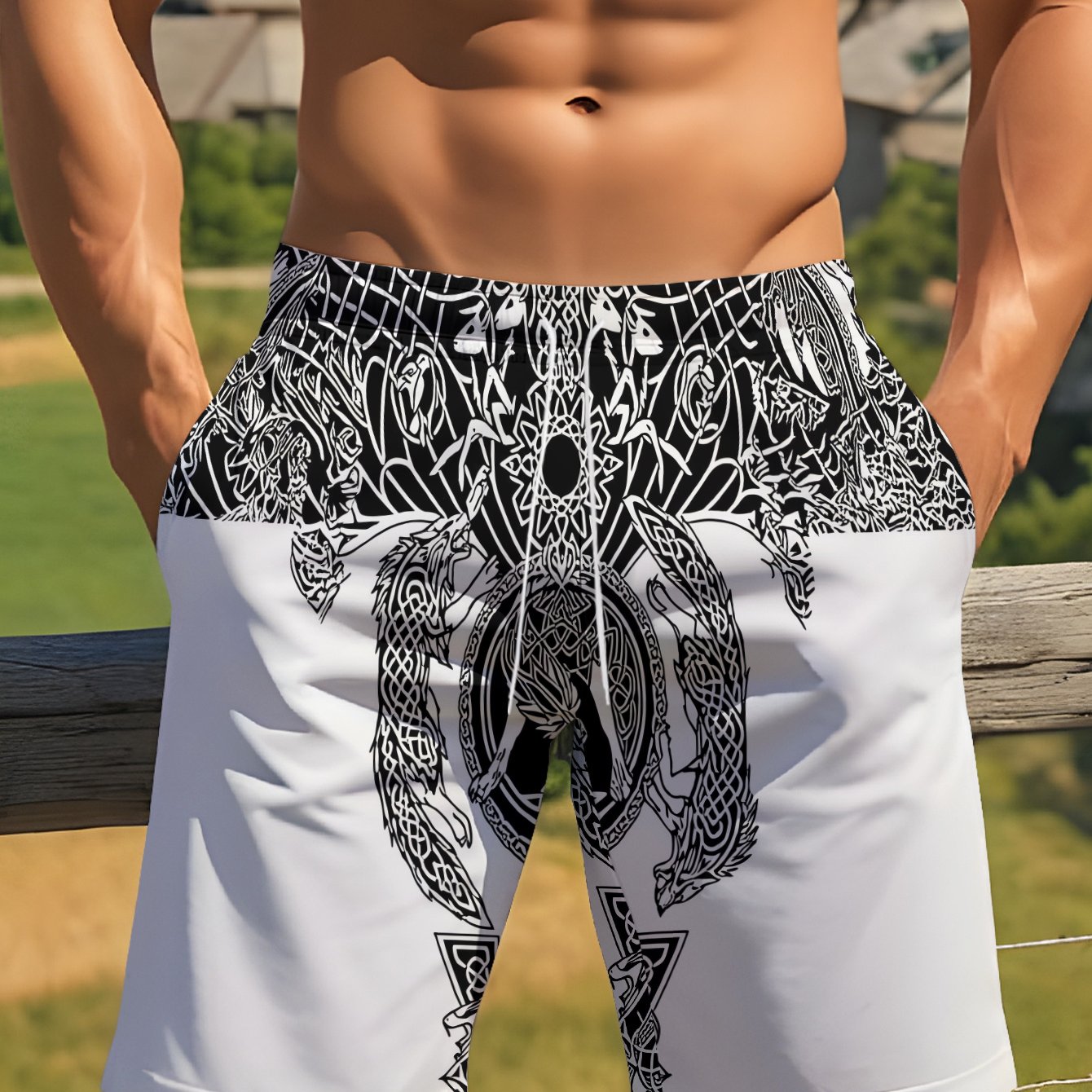 TEMU Viking-style Shorts Featuring Intricate Totem Designs On The Waist And Front, Plus Size