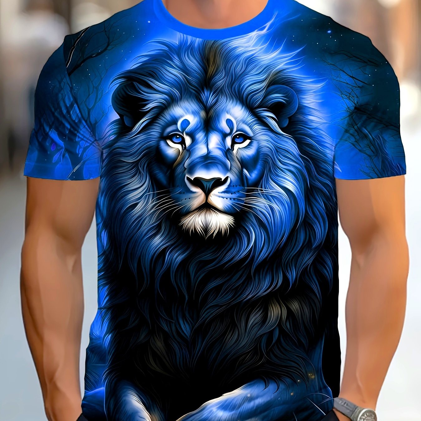 TEMU Men's T-shirt Featuring A Lion Face Graphic Design, Standard Size Short-sleeve Crewneck Tee, Summer Short-sleeve Top, Comfortable, Breathable,