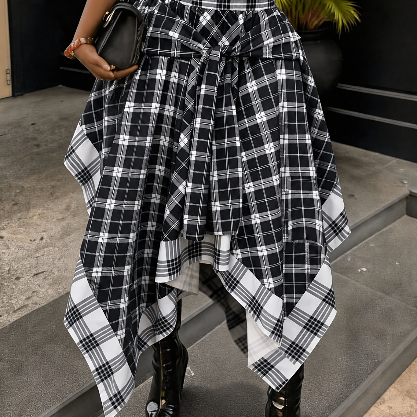 TEMU Women's High-waist Loose Fit Plaid Skirt, Block Plaid Pattern, Summer , Preppy Style, , Elegant Wear