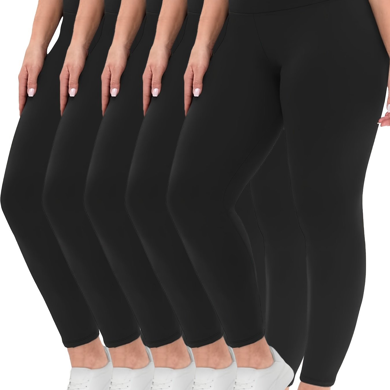 Image of 5 Pack Women's Plus Size High Waisted Tummy Control Leggings - Full-length Yoga Workout Pants, No , Super Soft High-elasticity Gym Running Pants For Wear (solid Color, Non-sheer Coverage)
