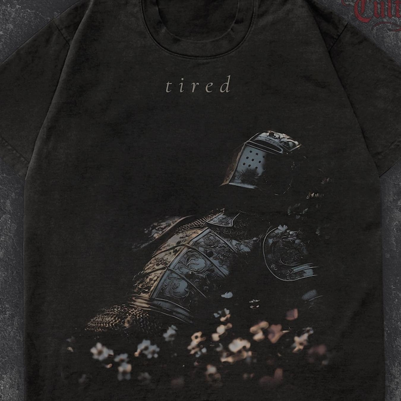 Plus Size Medieval Fantasy T-shirt Featuring A Weary Knight In Gothic Style