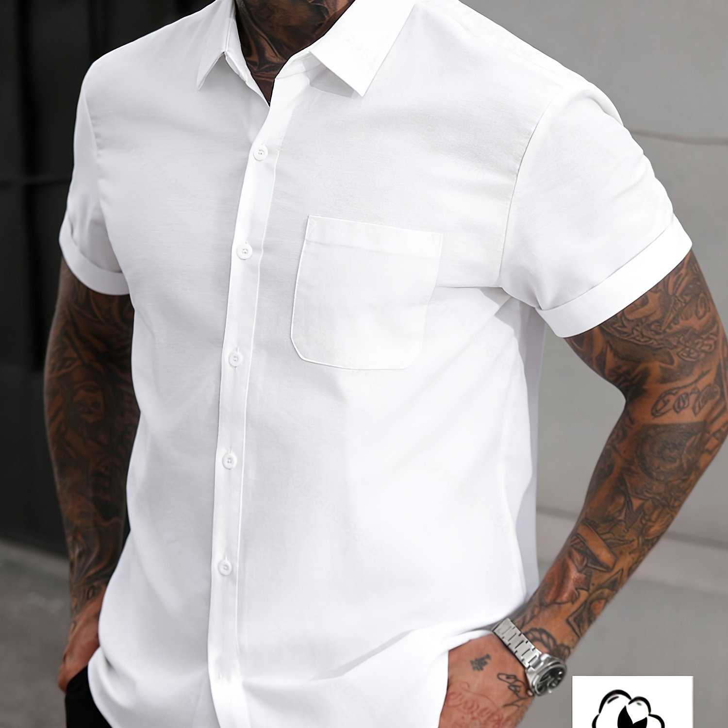 Image of 100% Cotton Premium Men's Casual Shirt, Solid Color With Turn- Collar And Pocket, Single-breasted Design, Versatile Daily Top