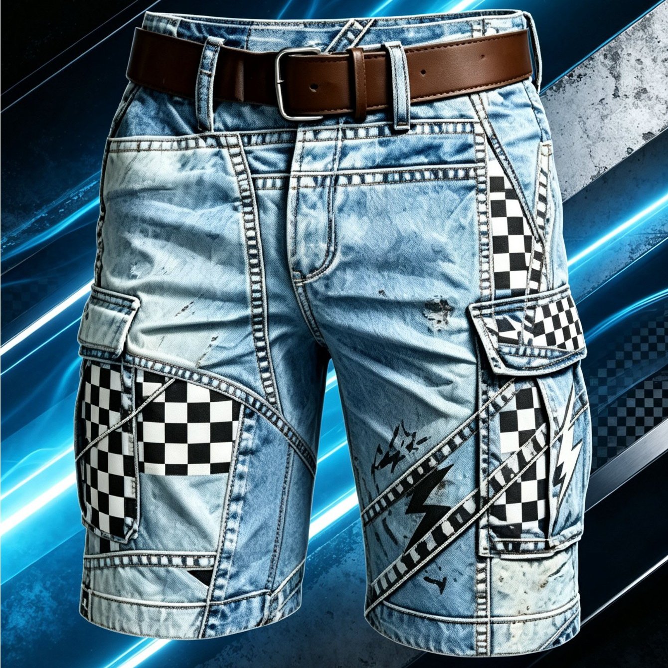 TEMU Men's Plus Size Vintage Washed Denim Cargo Shorts, Black White Checkered & Lightning Multi-pocket Casual Streetwear Knee-length Denim Shorts For