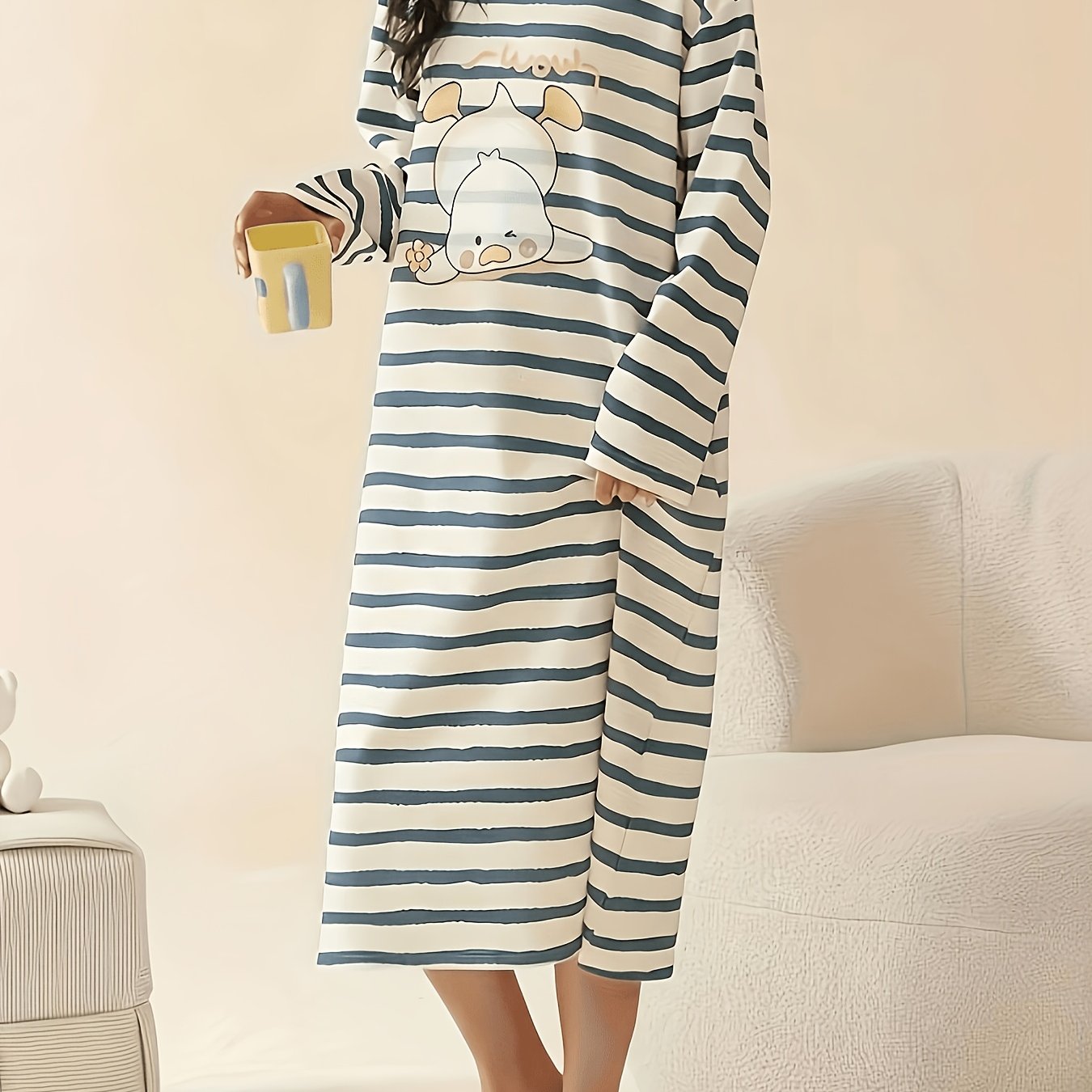 TEMU Women's Fashionable Printed Long-sleeve Nightgown With Round Neck, Casual And Loose Fit, Very Comfortable, Suitable For Autumn And Winter