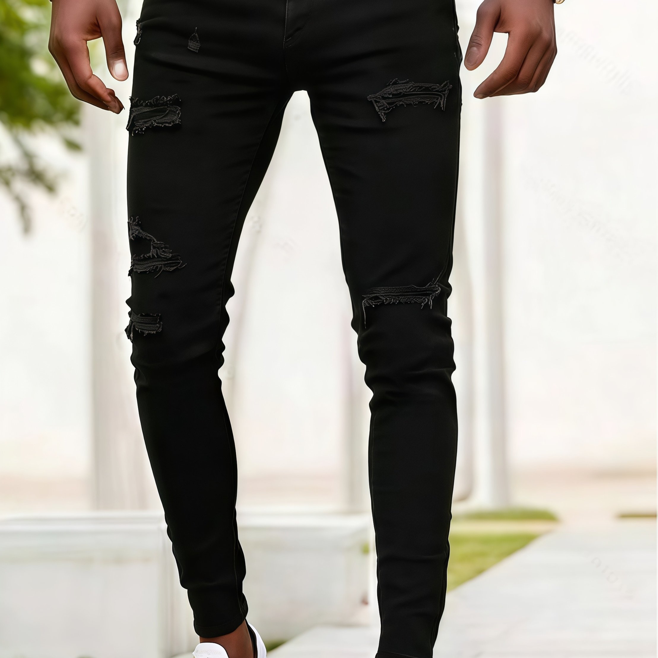 Men's Slim-fit Distressed Jeans - Stretch Denim With -, Machine Washable Casual Streetwear For , Streetstyle Apparel, Stylish Ripped Jeans, Durable Fabric