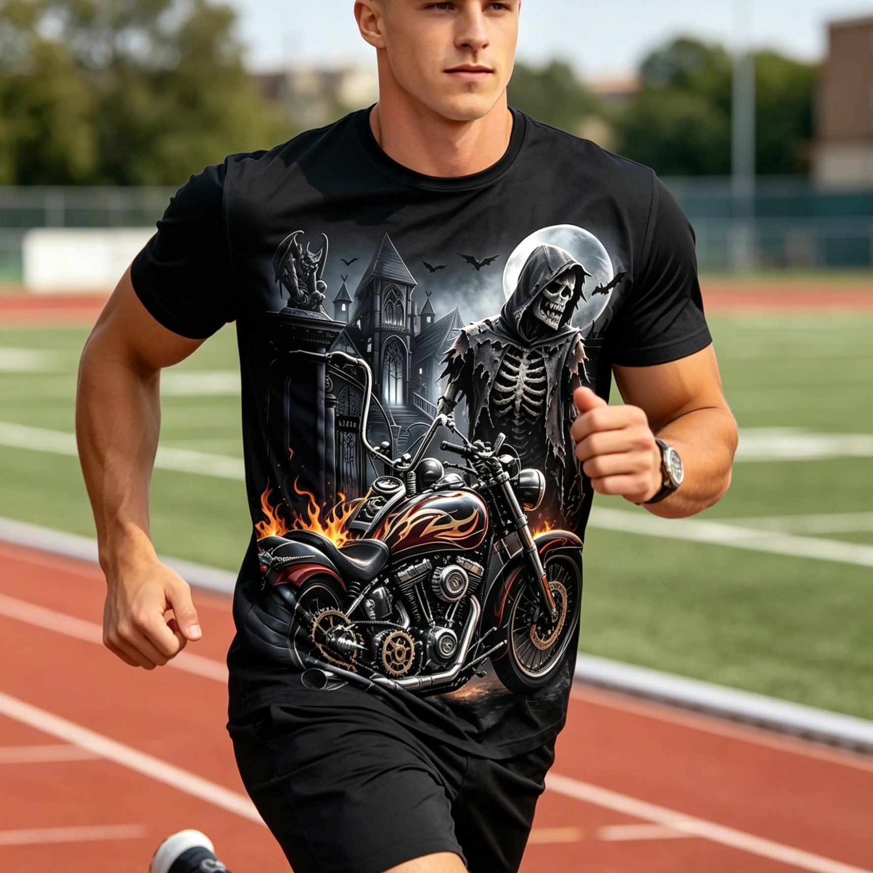 TEMU [print Design Texture] Men's Plus Size Short Sleeve, Plus Size Men's Summer Motorcycle Skull Wear