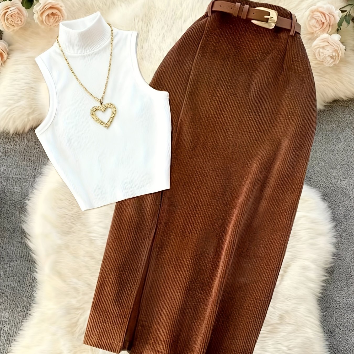 E-shop Modisches und vielseitiges, elegantes Midi-Rock-Set mit Schlitz vorne, hoher Taille und High-Neck-Westen, 2-teilig, HF854 (ohne Gürtel)