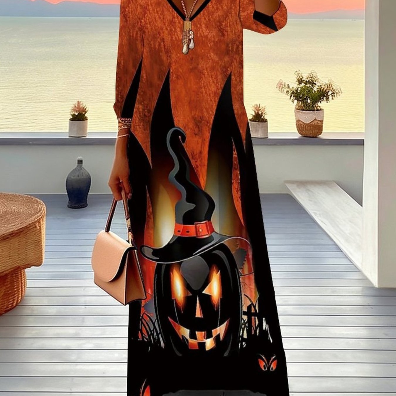 Image of Plus Size, Women's Plus Size Dress Halloween Costumes, And Patterns, Full Body Print, Themed Parties, Elegant Women's Dress, Spooky Season, Fashionable V-neck, Mid Sleeved Jumpsuit, Long Skirt