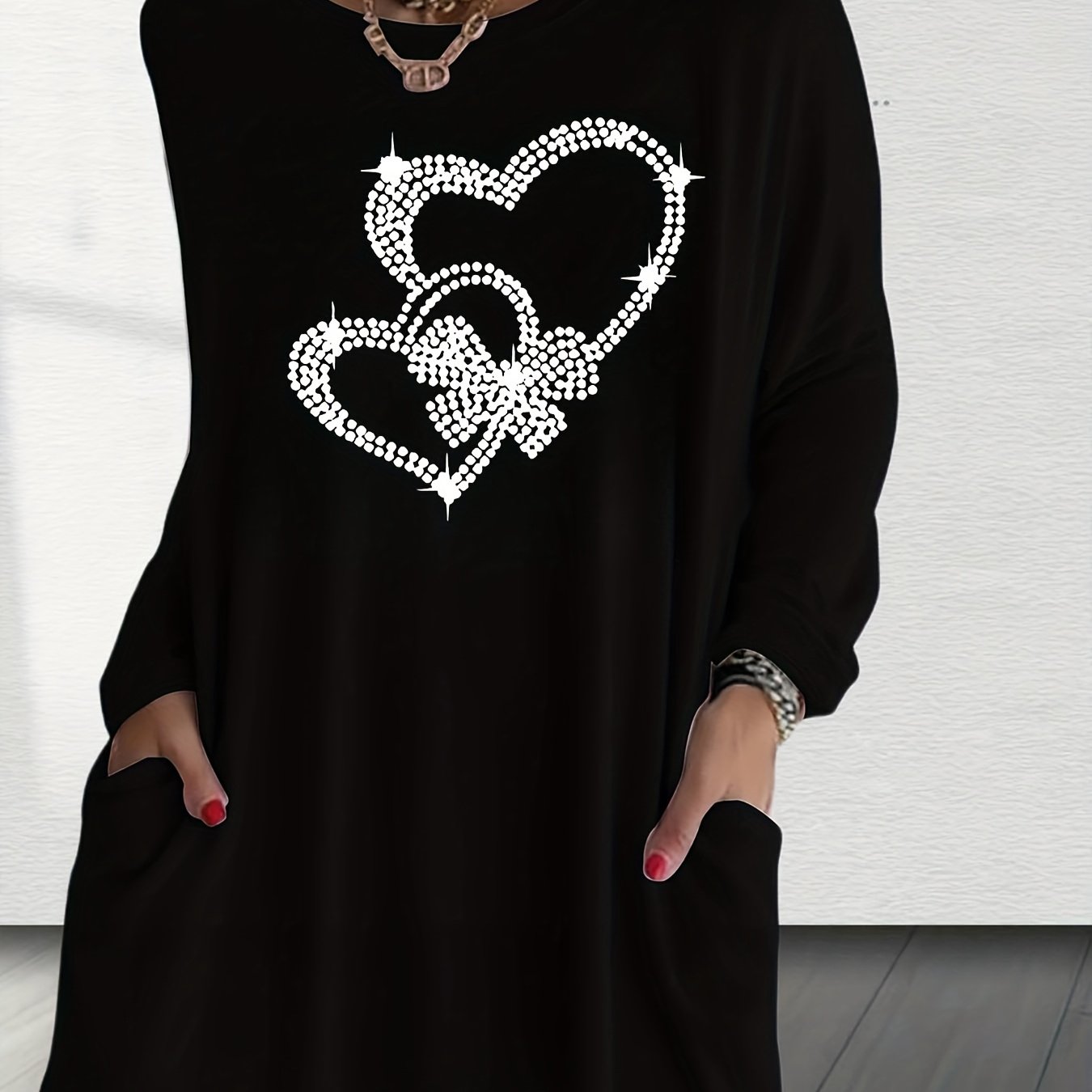 TEMU Women's Casual Long-sleeve Top With A Fashionable Minimalist Round Neckline, Featuring Exquisite Letter, , And Animal Prints. Designed For