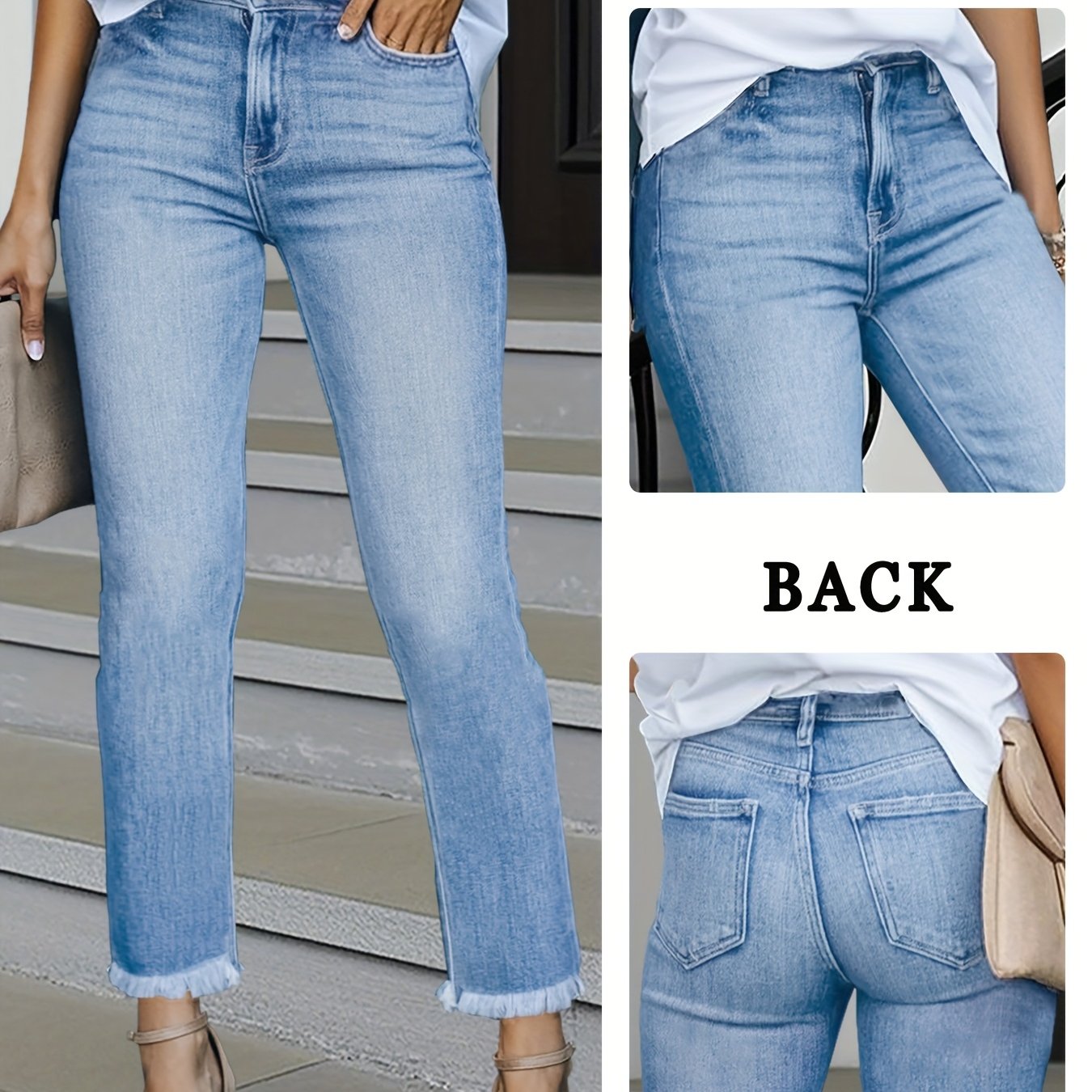 Image of Women's Fashion Stretch Denim Straight-leg Pants, Washed Hem Casual Pants, Slim And , Classic And Versatile, Suitable For , , Travel, And Daily Wear