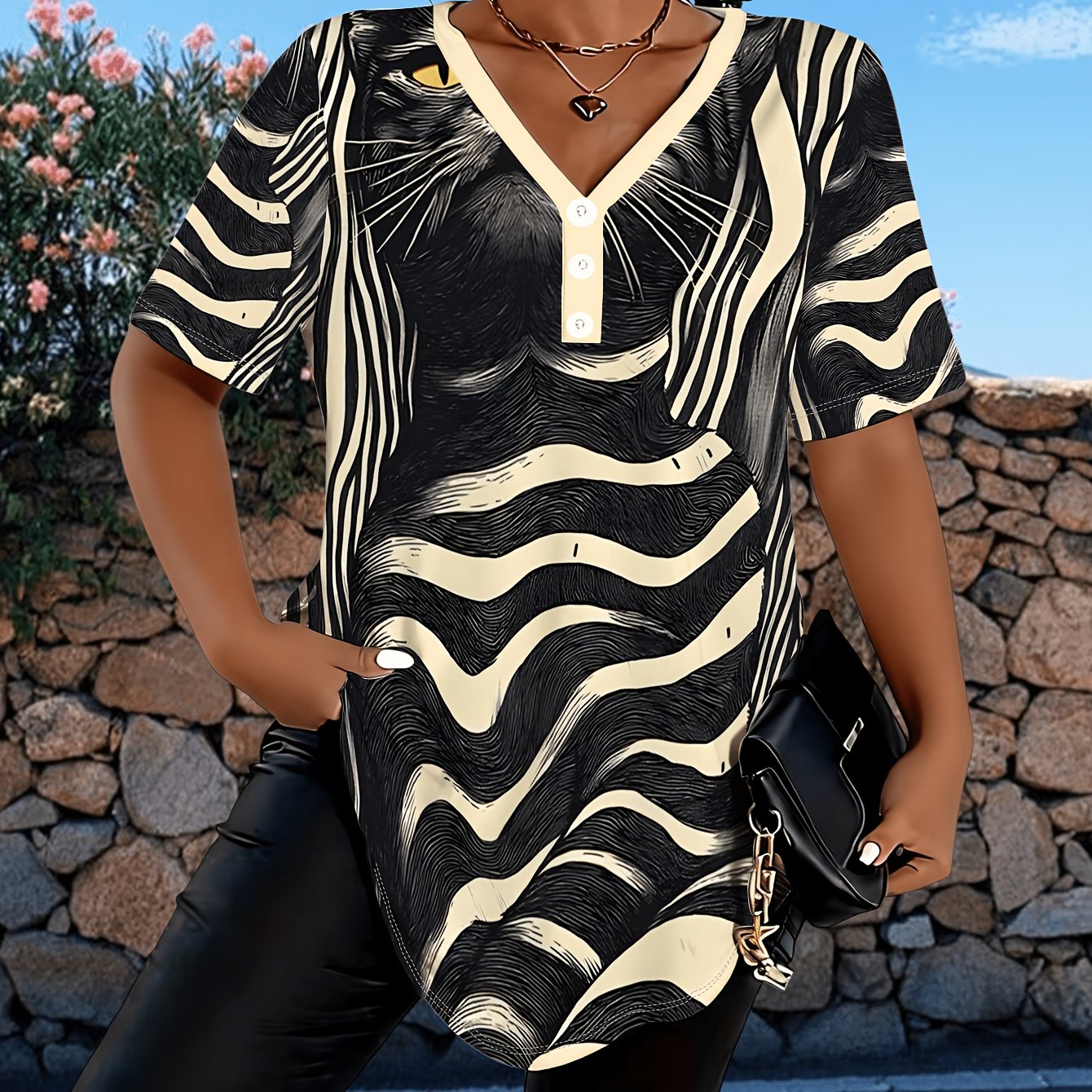 TEMU Dames Plus Size - Zebra Print T-Shirt - Korte Mouwen Blouse met Volledige Zebra Strepen - Compatibele Top | Losse Zomer Casual T-Shirt Geschikt