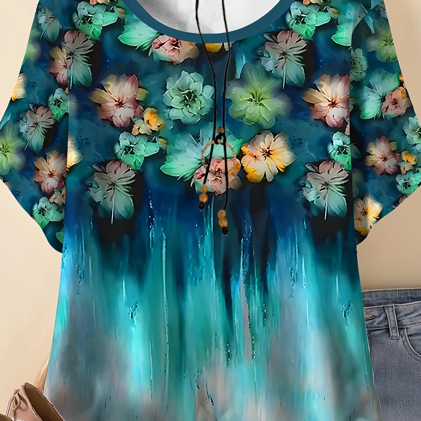 Plus Size - Plus Size - Plus Size Casual Elegant Style Women's Round Neck Short Sleeve T-shirt With Colorful Floral Gradient Print Pattern