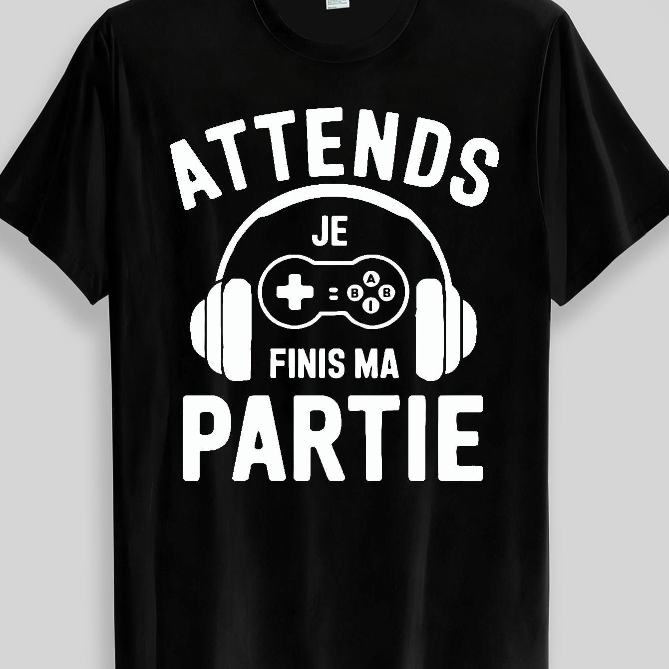 TEMU T-shirt à manches courtes et col rond - T-shirt de jeu et casque (Attend Je Ma Partie)