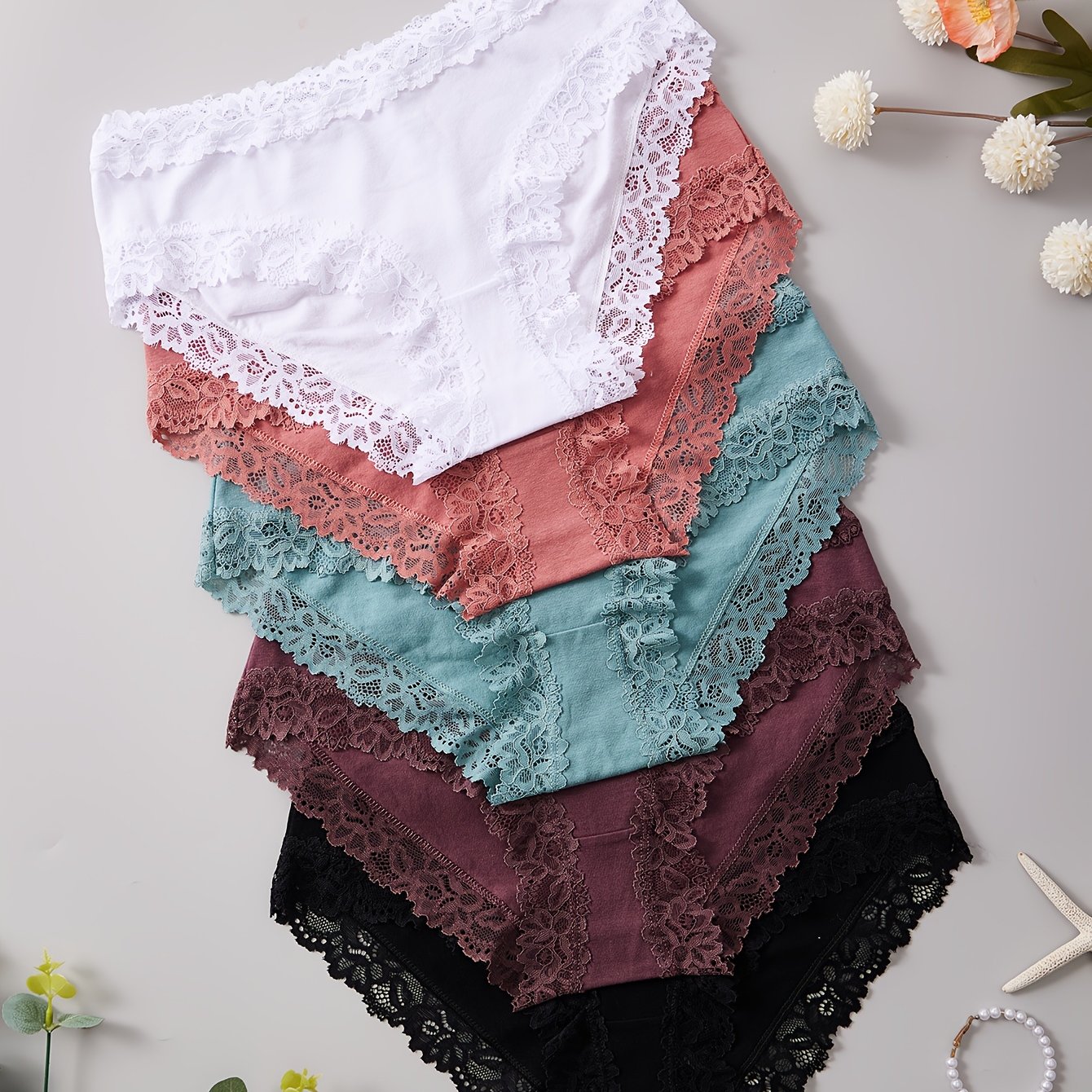 5pcs Women's Dopamine Briefs With Contrast Lace Trim, Comfortable Soft Breathable Underwear Holiday Gift New Release