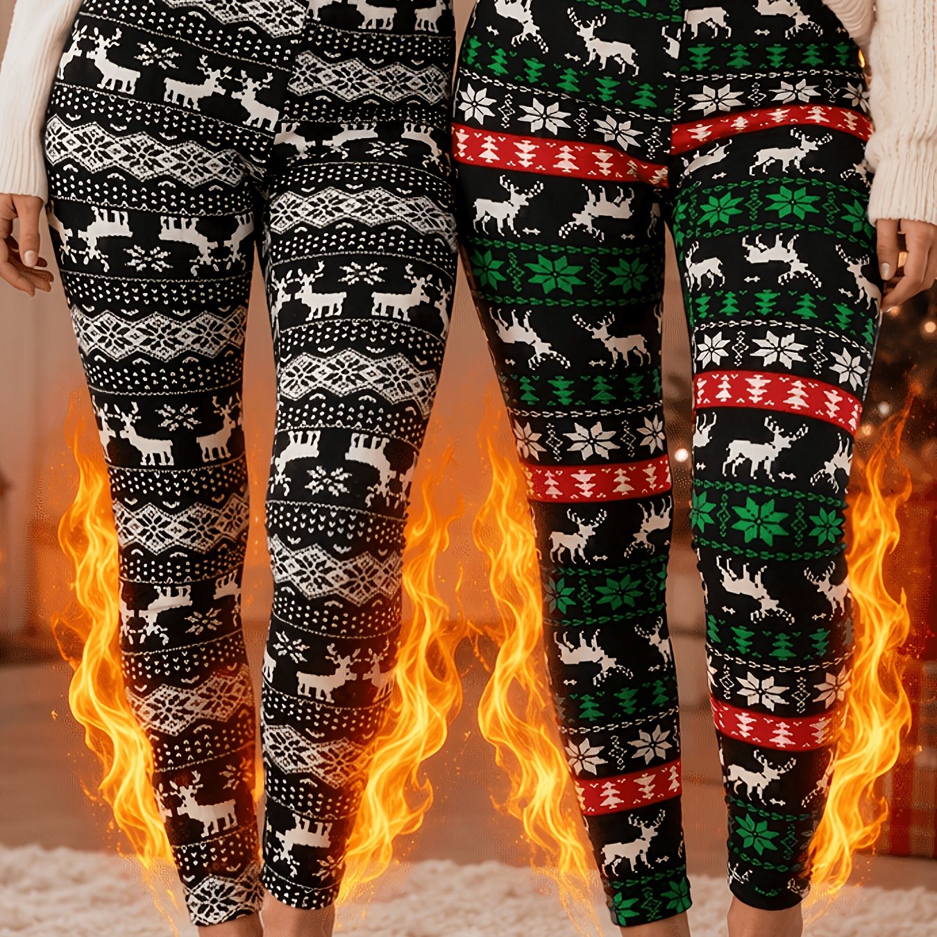 TEMU 2pcs Women's Christmas Reindeer Snowflake Printed Fleece-lined Stretch Ankle Pants, Autumn Winter Women's Thin Plush Casual Tight Base Layer